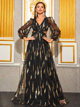 High Class Prom Evening Dress Sequined Lantern Sleeve V neck Waist Hollow Out Cutout out Elegant Dress